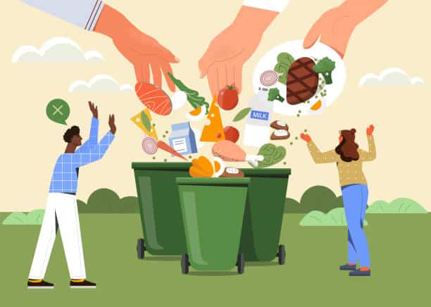 Food waste. Big hands throw leftovers of dishes into the trash. Get rid of expired products. Excessive consumption. Taking care of the environment. Cartoon flat vector illustration isolated on pink background